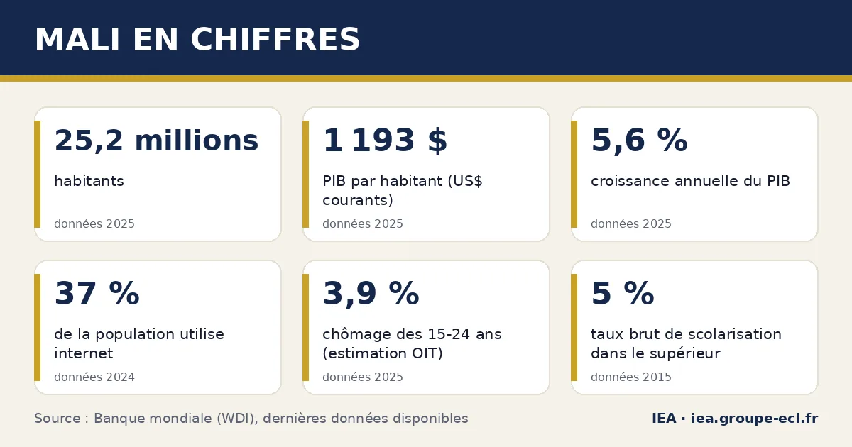 Infographie : Mali en chiffres — 25,2 millions habitants, 1 193 $ PIB par habitant (US$ courants), 5,6 % croissance annuelle du PIB. Source : Banque mondiale.