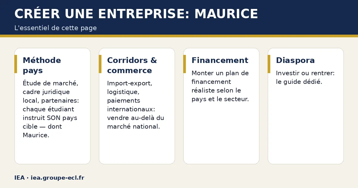 Schéma : Créer une entreprise: Maurice — Méthode pays ; Corridors & commerce ; Financement ; Diaspora.