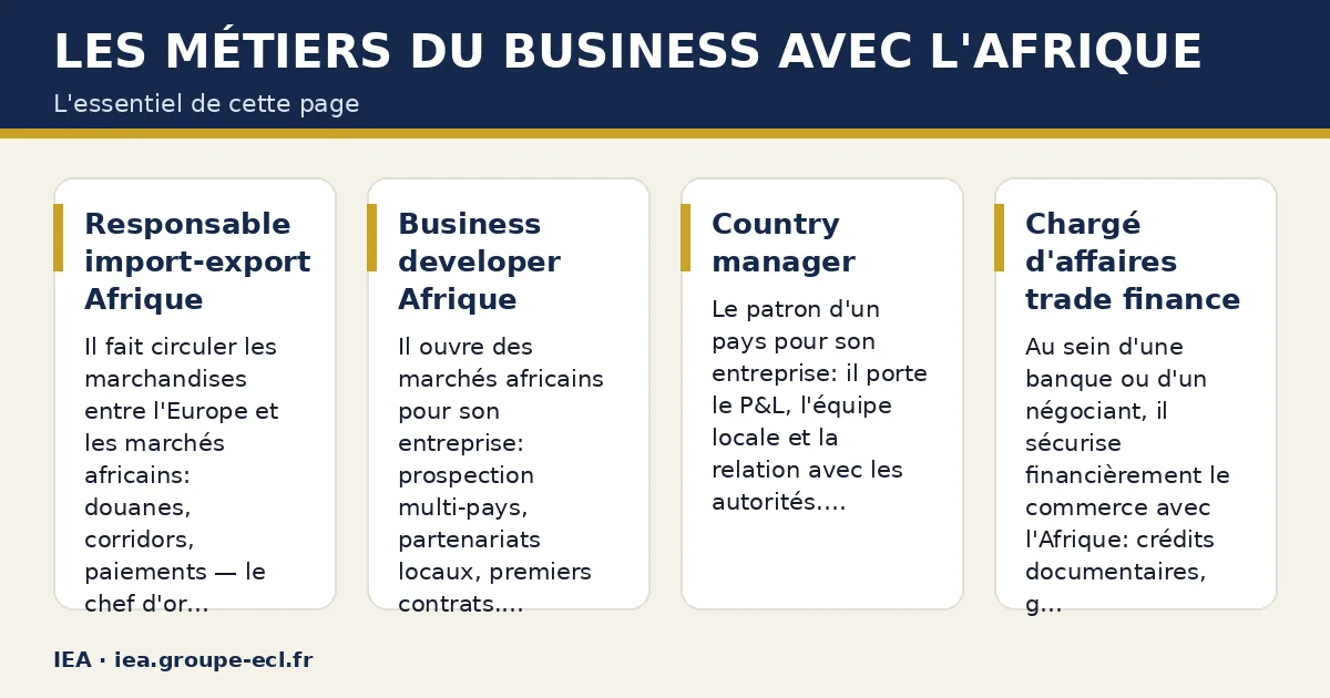Schéma : Les métiers du business avec l'Afrique — Responsable import-export Afrique ; Business developer Afrique ; Country manager ; Chargé d'affaires trade finance.